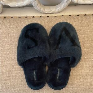 Victoria's Secret Plush Faux-Fur Slide Slippers in Teal and Black